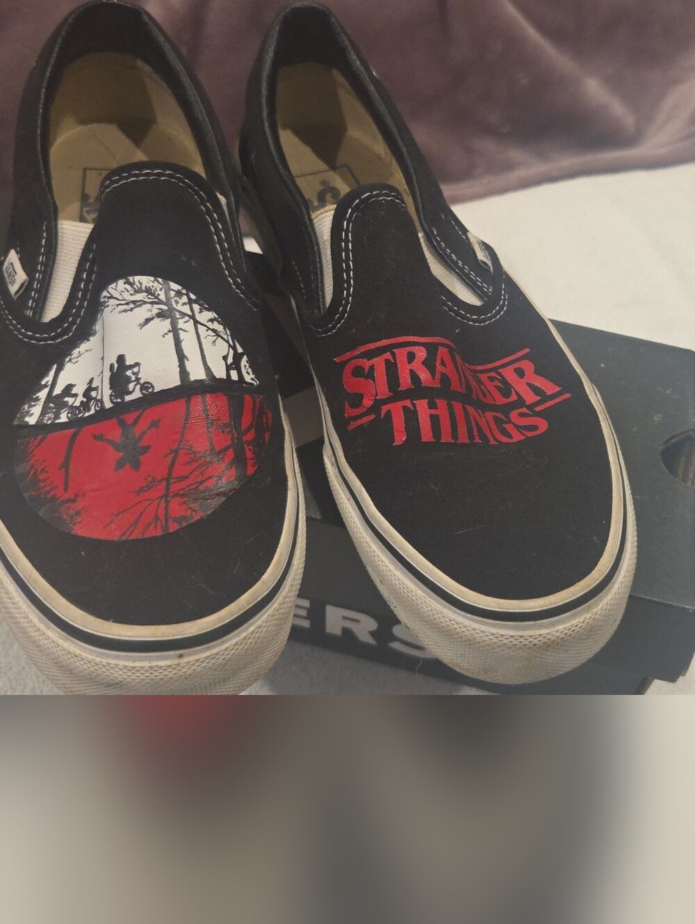 Vans Womens Slip-On Sneakers - Black with Red & White Stranger Things Graphic